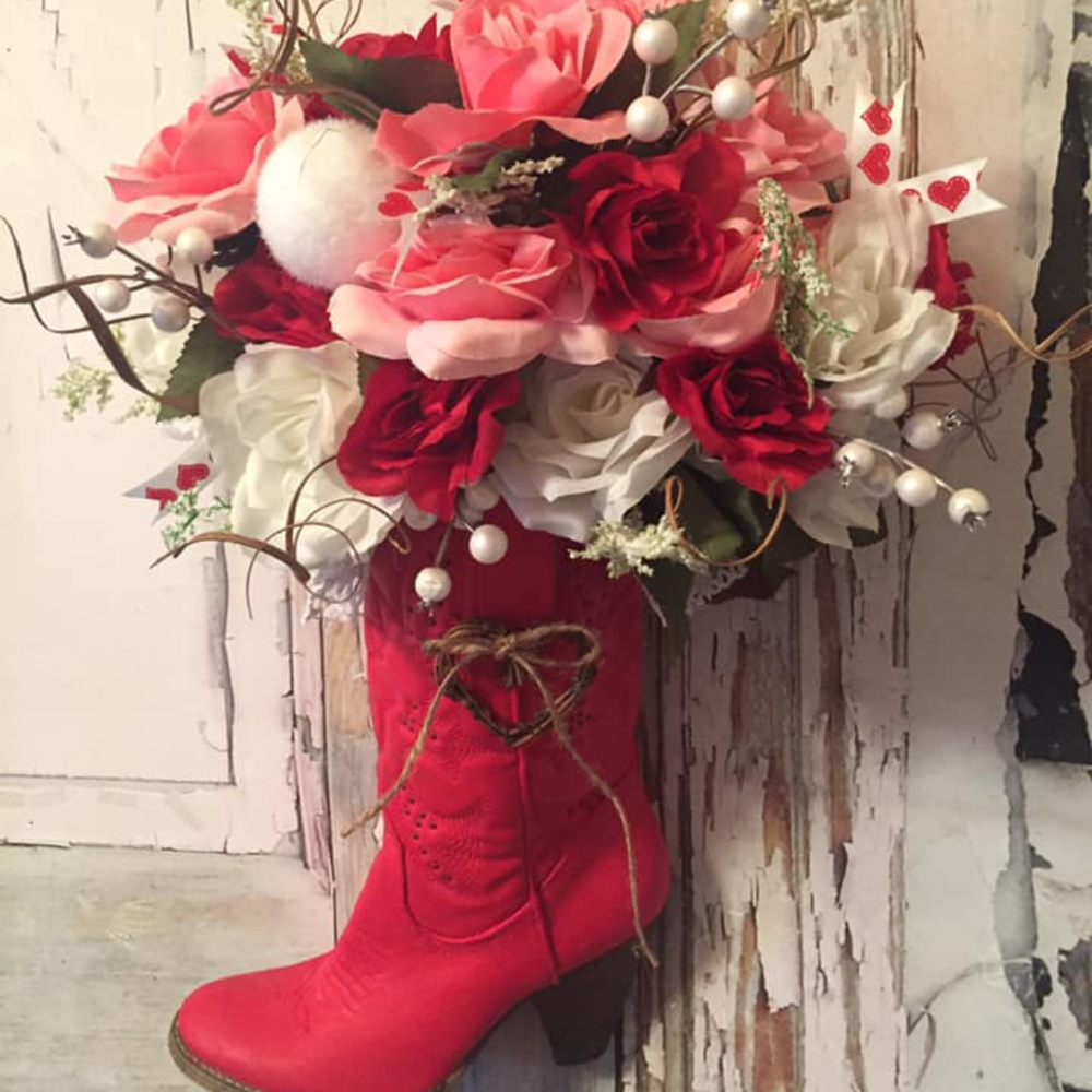 Upcycled Valentine's Day Decor Cowboy Boot Wreath